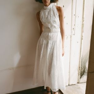 Zara White / Oyster High Neck Openwork Embroidery Midi Dress Size XL